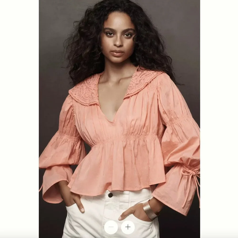 NWT Anthropologie | Bright Coral Pink Collared Babydoll Blouse | Size Small